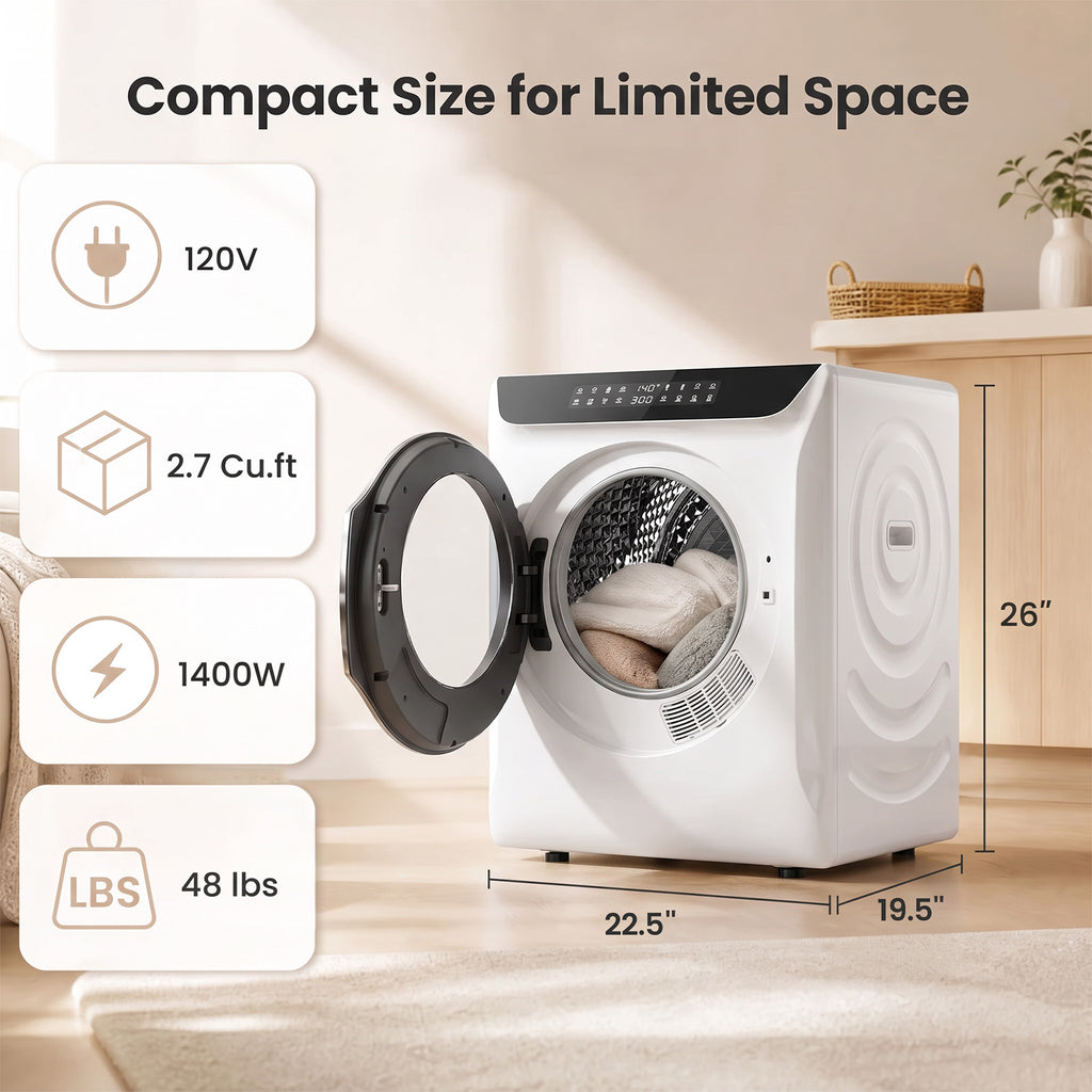 Auertech 2.7 Cu.ft 1400W Portable Clothes Dryer Electric Compact Dryer Machine w/ Shoe Dryer LED Control White