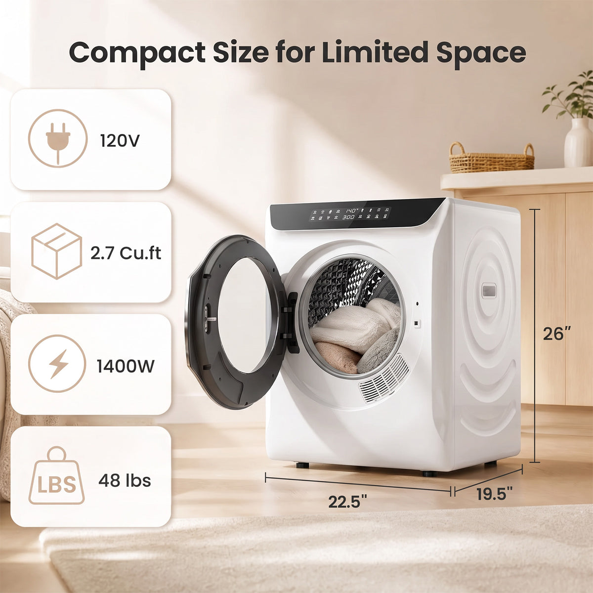 Auertech 2.7 Cu.ft 1400W Portable Clothes Dryer Electric Compact Dryer Machine w/ Shoe Dryer LED Control White