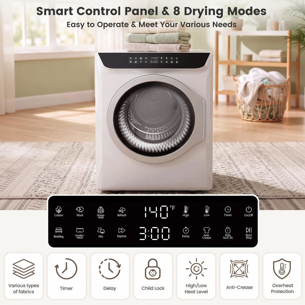 Auertech 2.7 Cu.ft 1400W Portable Clothes Dryer Electric Compact Dryer Machine w/ Shoe Dryer LED Control White