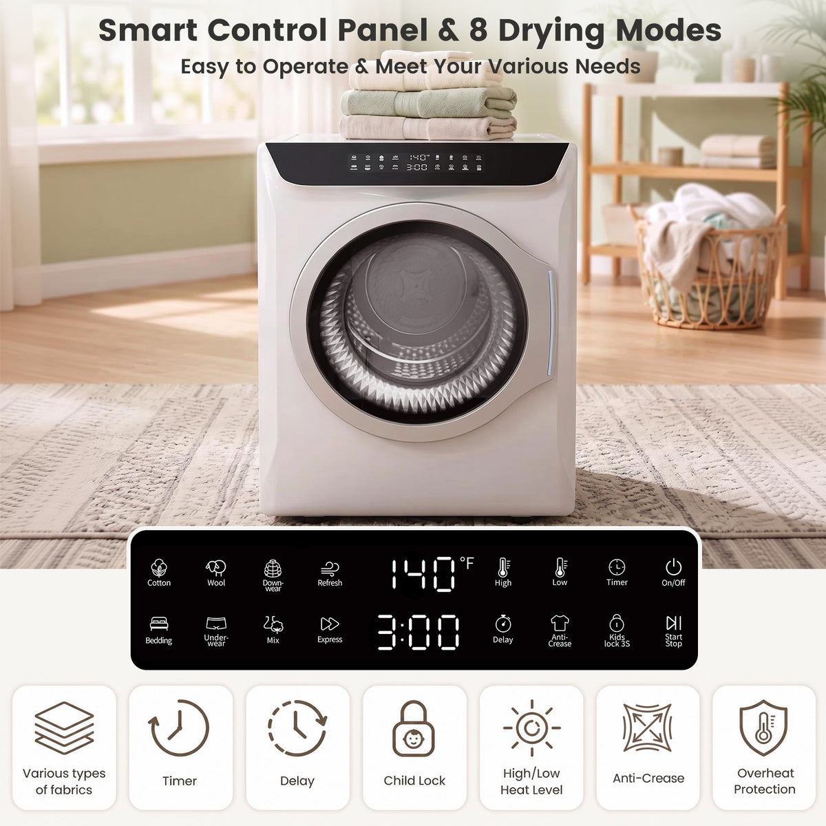 Auertech 2.7 Cu.ft 1400W Portable Clothes Dryer Electric Compact Dryer Machine w/ Shoe Dryer LED Control White
