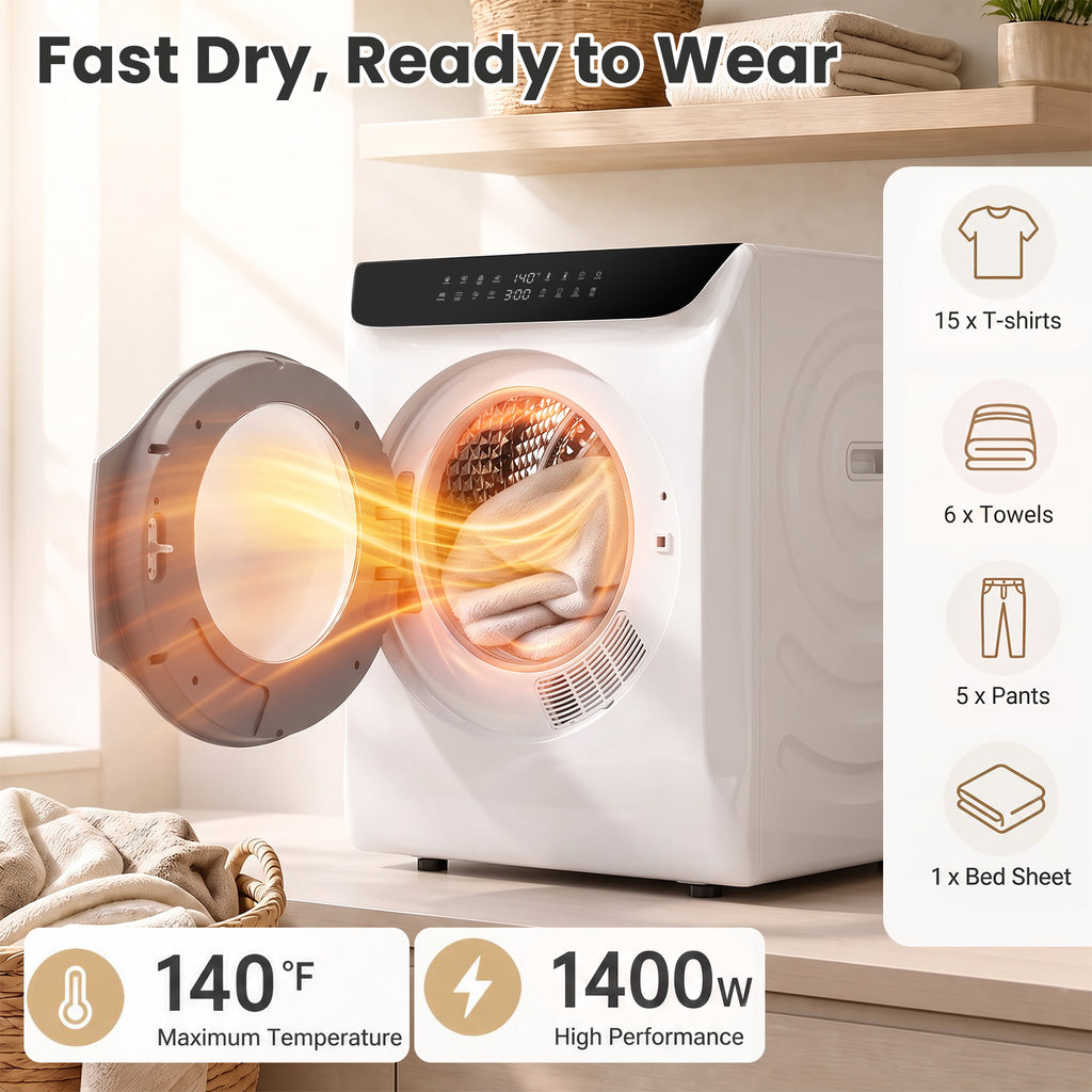 Auertech 2.7 Cu.ft 1400W Portable Clothes Dryer Electric Compact Dryer Machine w/ Shoe Dryer LED Control White