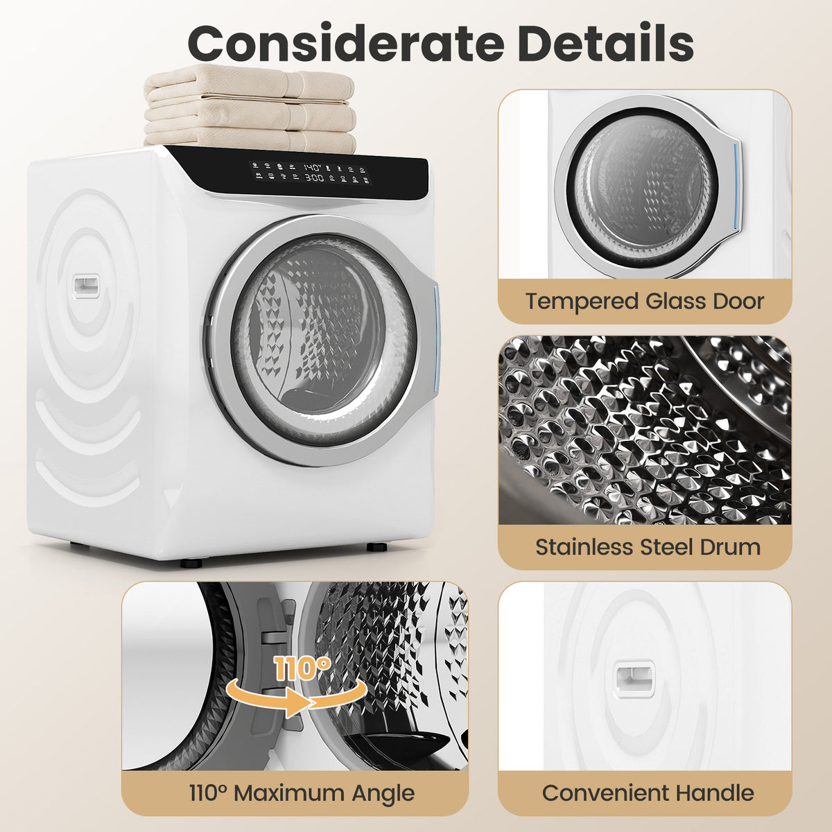 Auertech 2.7 Cu.ft 1400W Portable Clothes Dryer Electric Compact Dryer Machine w/ Shoe Dryer LED Control White