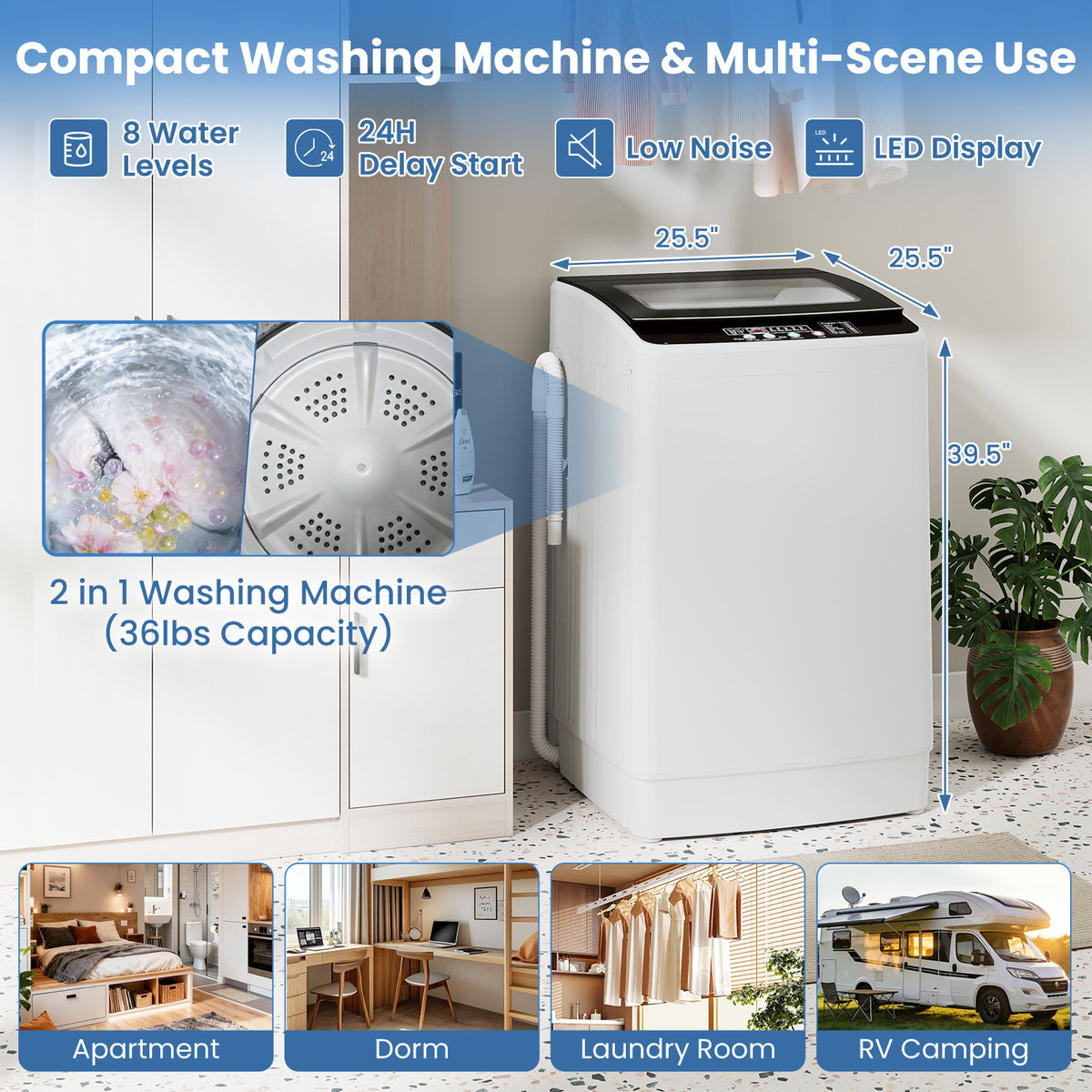 Auertech 36 lbs Portable Washing Machine Top Load Fully Automatic Washer with LED Display & Drain Pump