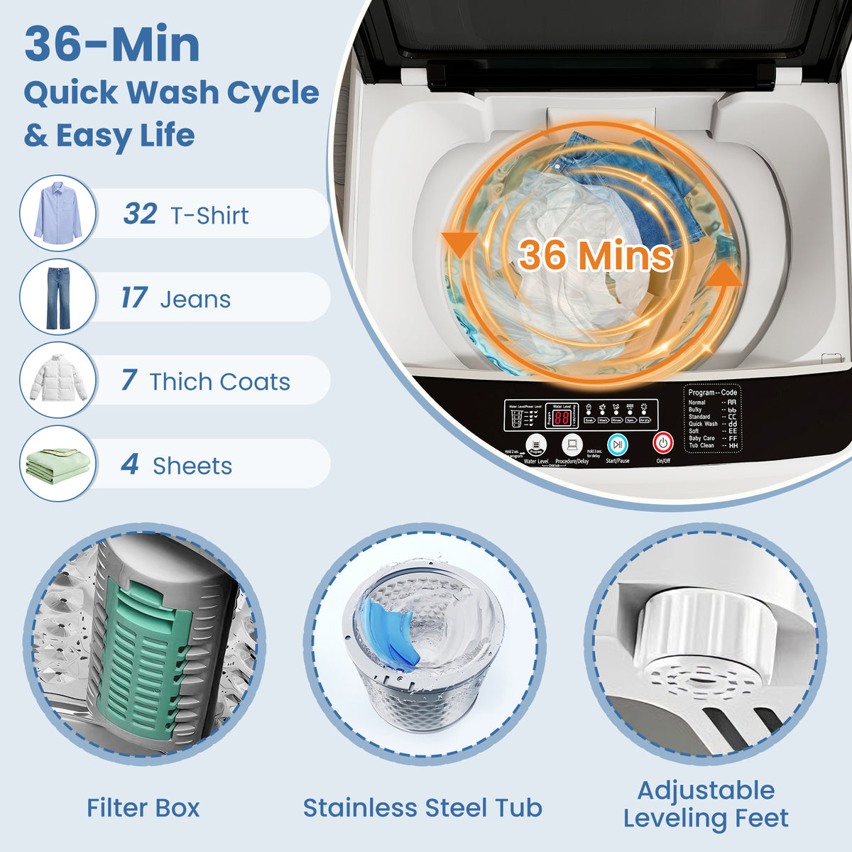 Auertech 36 lbs Portable Washing Machine Top Load Fully Automatic Washer with LED Display & Drain Pump