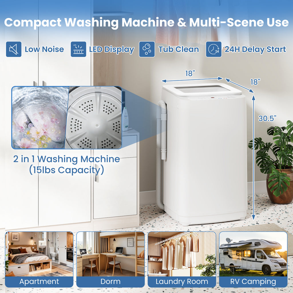 Auertech 15 lbs Portable Washing Machine Top Load Fully Automatic Washer with LED Display & Drain Pump