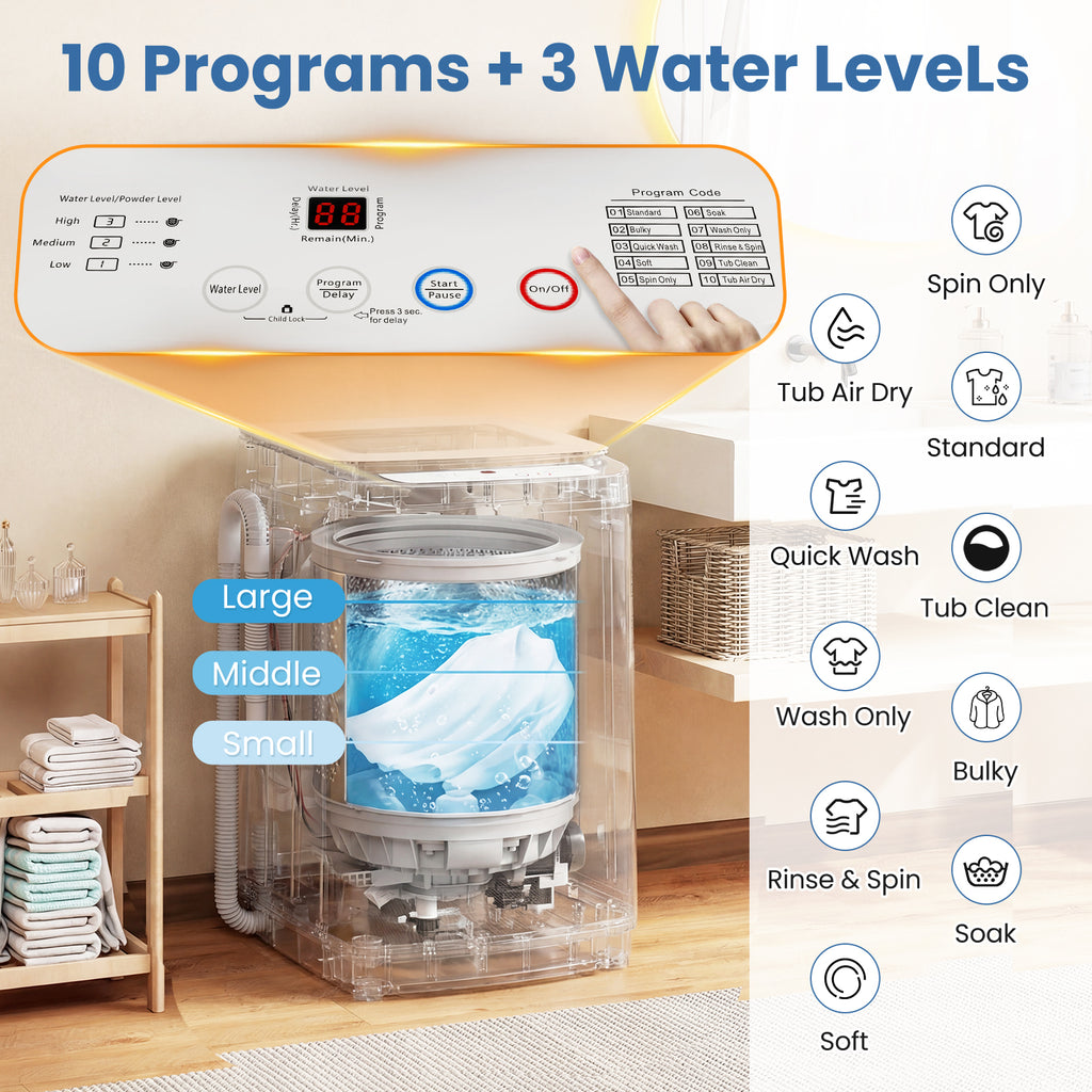 Auertech 15 lbs Portable Washing Machine Top Load Fully Automatic Washer with LED Display & Drain Pump