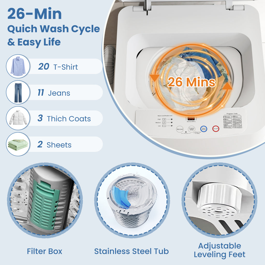 Auertech 15 lbs Portable Washing Machine Top Load Fully Automatic Washer with LED Display & Drain Pump