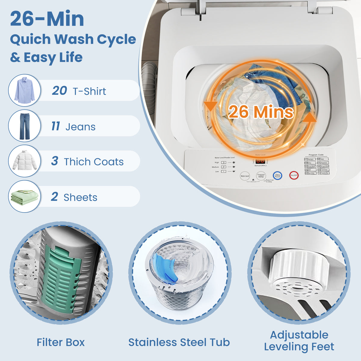 Auertech 15 lbs Portable Washing Machine Top Load Fully Automatic Washer with LED Display & Drain Pump
