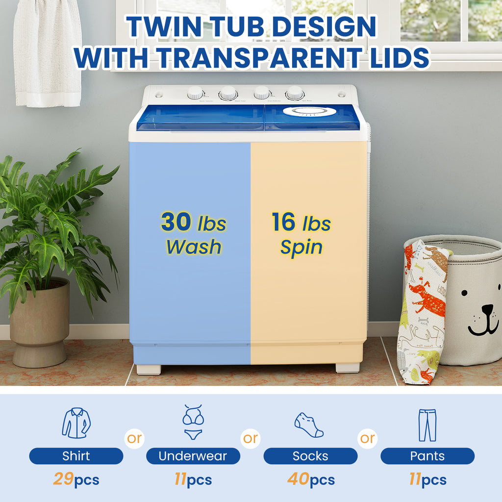 Auertech 46lbs Portable Washing Machine Compact Twin Tub Semi-Automatic Washer with Drain Pump