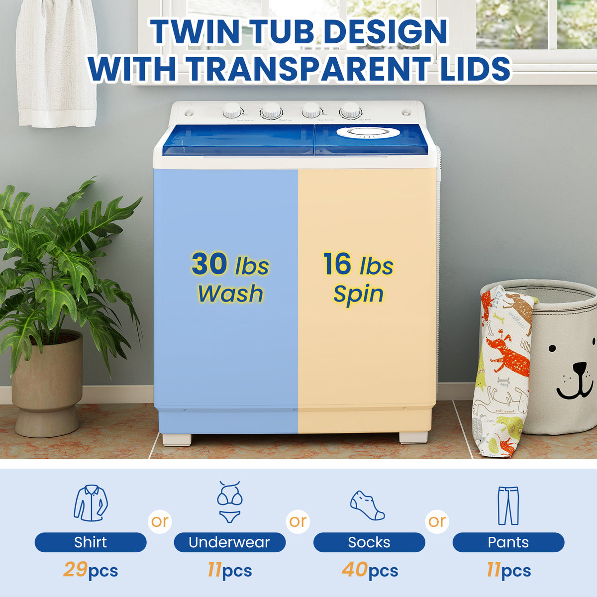 Auertech 46lbs Portable Washing Machine Compact Twin Tub Semi-Automatic Washer with Drain Pump