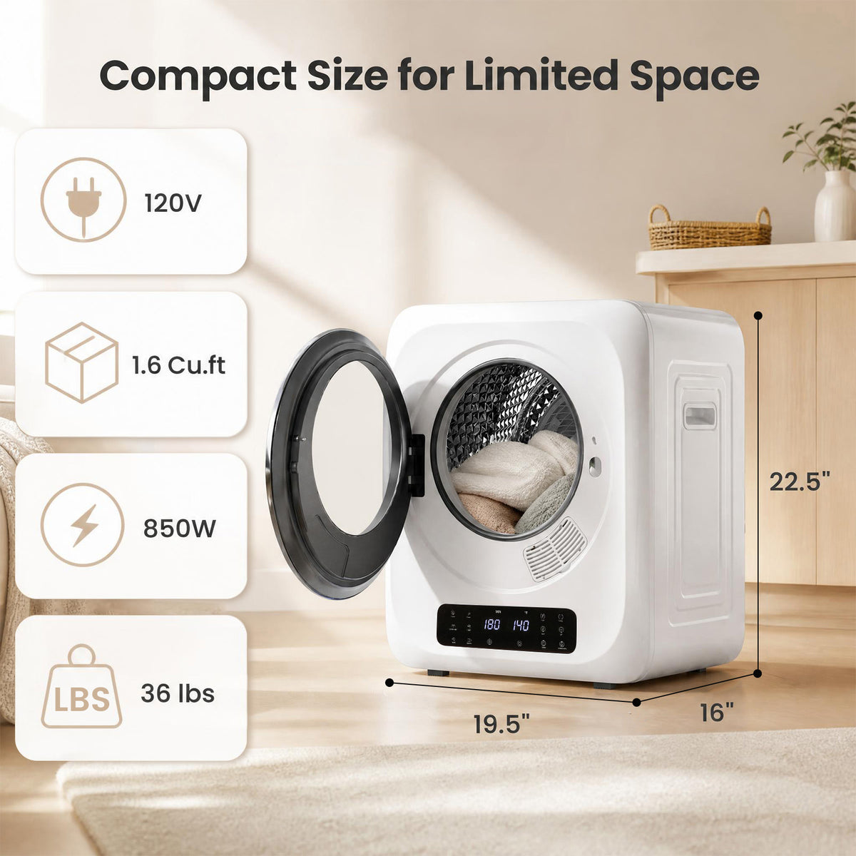 Auertech 1.6 Cu.Ft 850W Portable Clothes Dryer Electric Compact Dryer Machine w/ Shoe Dryer LED Control White