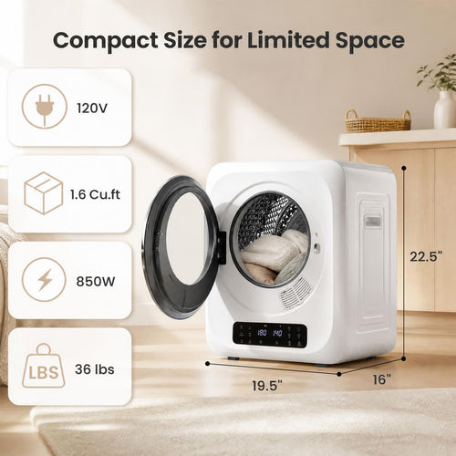 Auertech 1.6 Cu.Ft 850W Portable Clothes Dryer Electric Compact Dryer Machine w/ Shoe Dryer LED Control White