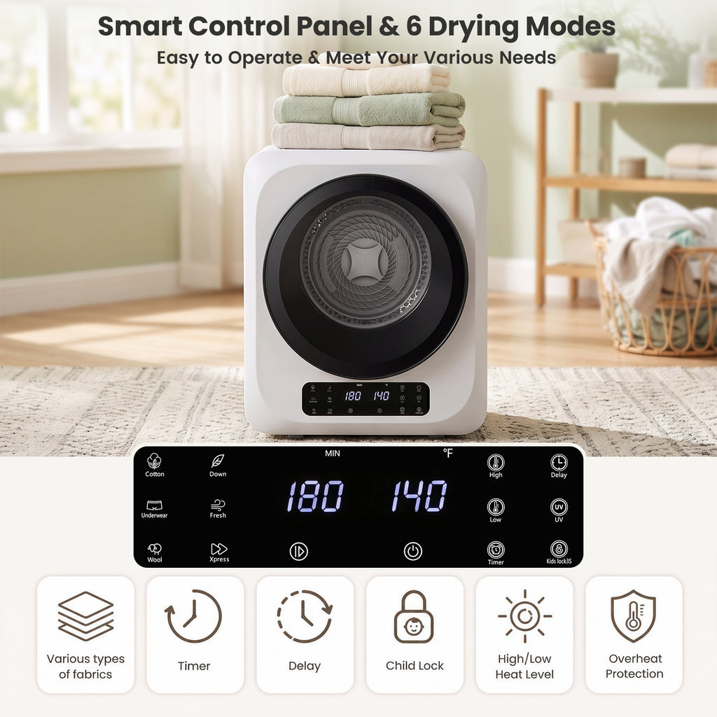 Auertech 1.6 Cu.Ft 850W Portable Clothes Dryer Electric Compact Dryer Machine w/ Shoe Dryer LED Control White