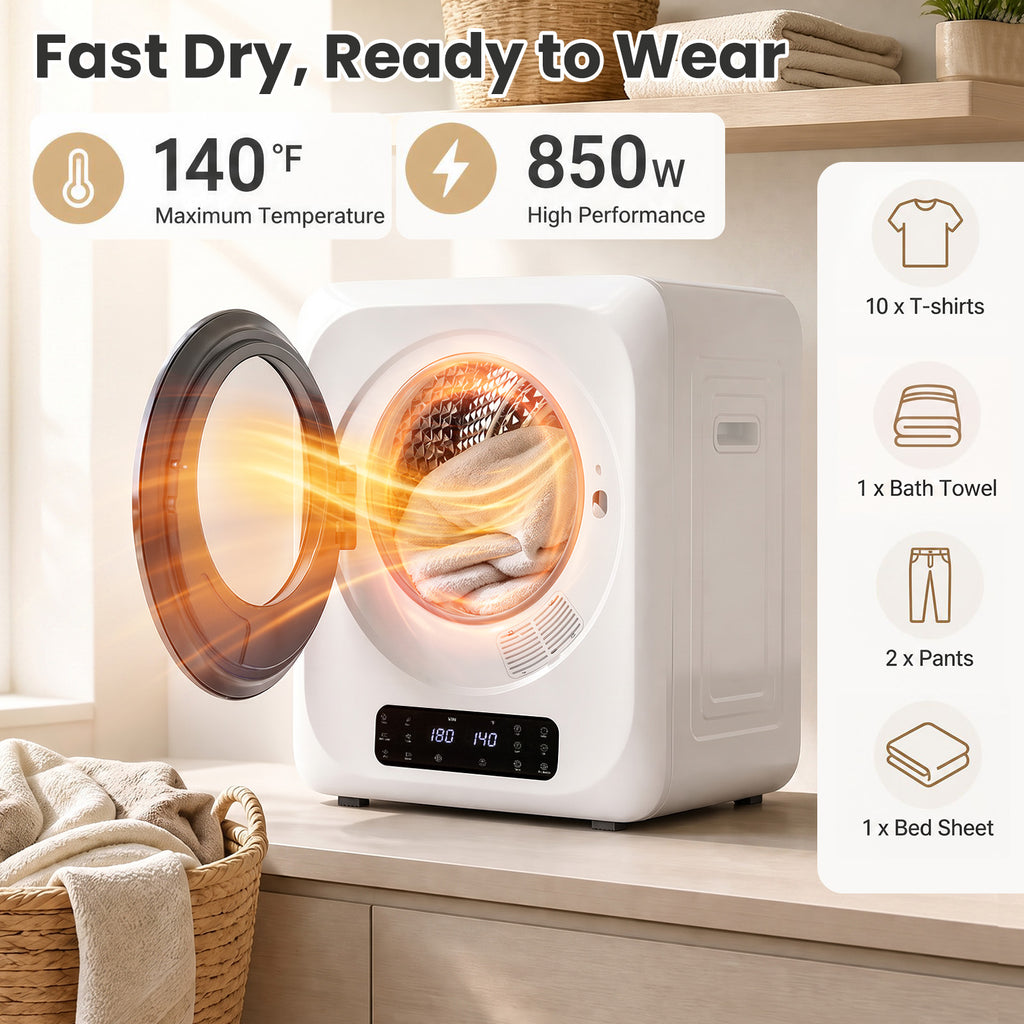 Auertech 1.6 Cu.Ft 850W Portable Clothes Dryer Electric Compact Dryer Machine w/ Shoe Dryer LED Control White