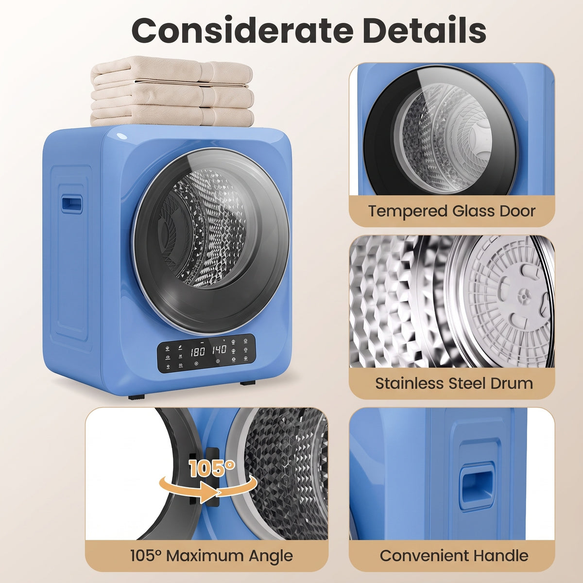 Auertech 1.6 Cu.Ft 850W Portable Clothes Dryer Electric Compact Dryer Machine w/ Shoe Dryer LED Control Blue