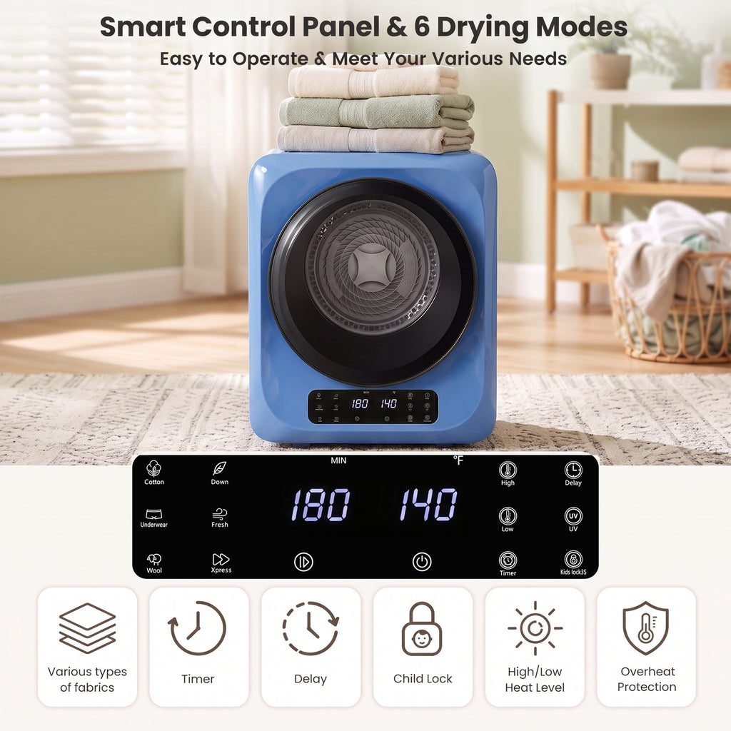 Auertech 1.6 Cu.Ft 850W Portable Clothes Dryer Electric Compact Dryer Machine w/ Shoe Dryer LED Control Blue