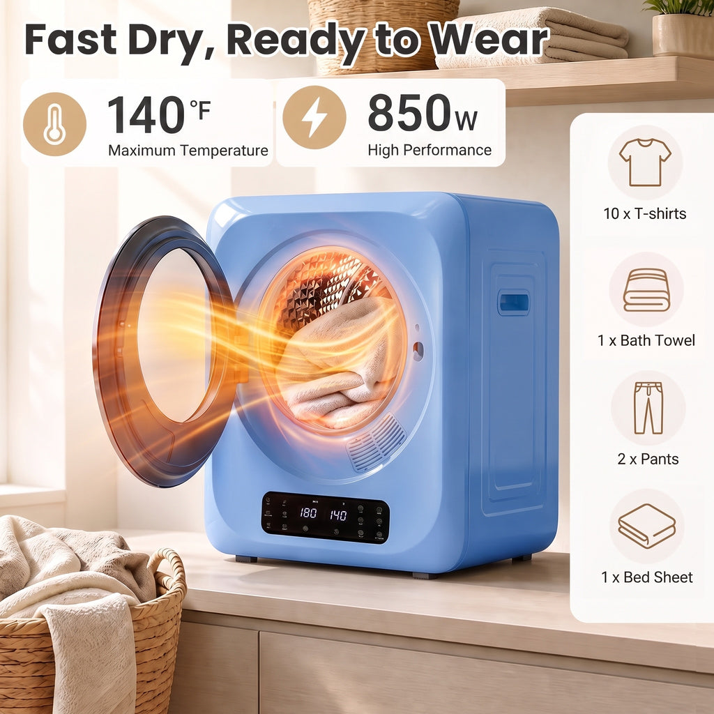 Auertech 1.6 Cu.Ft 850W Portable Clothes Dryer Electric Compact Dryer Machine w/ Shoe Dryer LED Control Blue