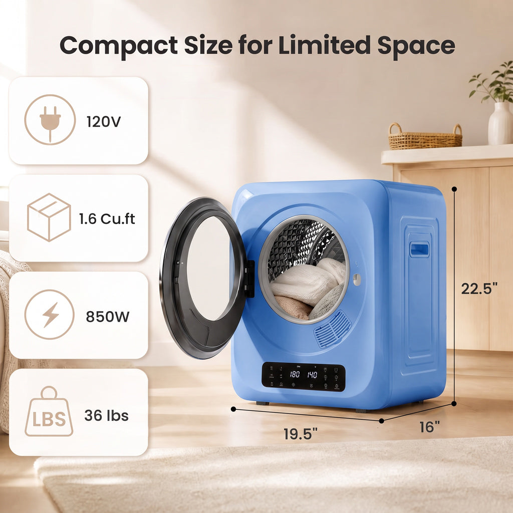 Auertech 1.6 Cu.Ft 850W Portable Clothes Dryer Electric Compact Dryer Machine w/ Shoe Dryer LED Control Blue
