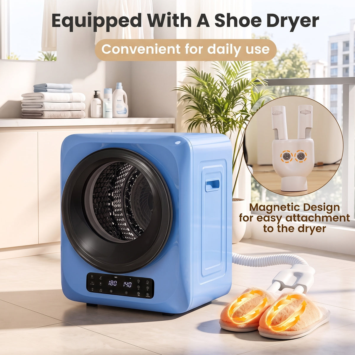Auertech 1.6 Cu.Ft 850W Portable Clothes Dryer Electric Compact Dryer Machine w/ Shoe Dryer LED Control Blue