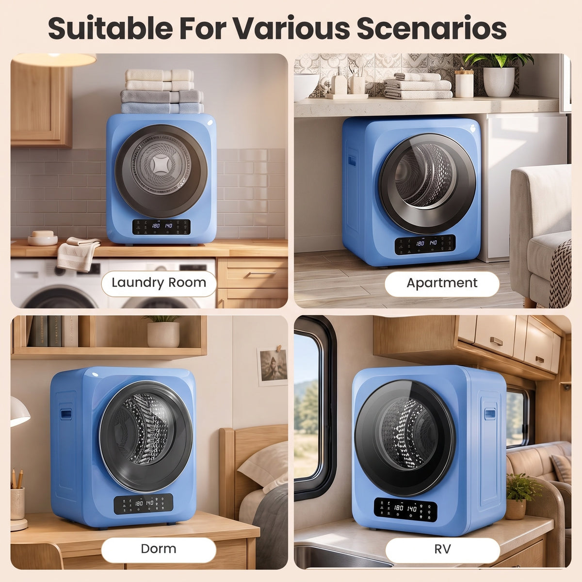 Auertech 1.6 Cu.Ft 850W Portable Clothes Dryer Electric Compact Dryer Machine w/ Shoe Dryer LED Control Blue