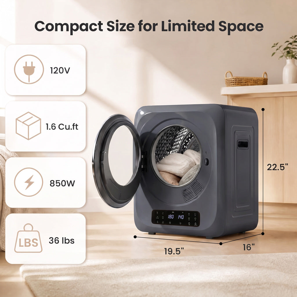 Auertech 1.6 Cu.Ft 850W Portable Clothes Dryer Electric Compact Dryer Machine w/ Shoe Dryer LED Control Gray