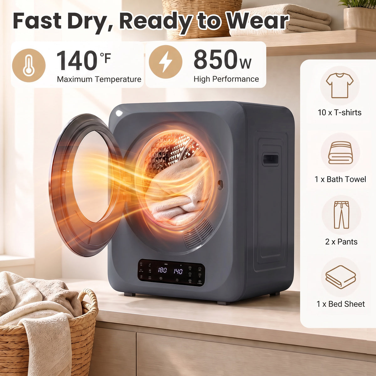 Auertech 1.6 Cu.Ft 850W Portable Clothes Dryer Electric Compact Dryer Machine w/ Shoe Dryer LED Control Gray