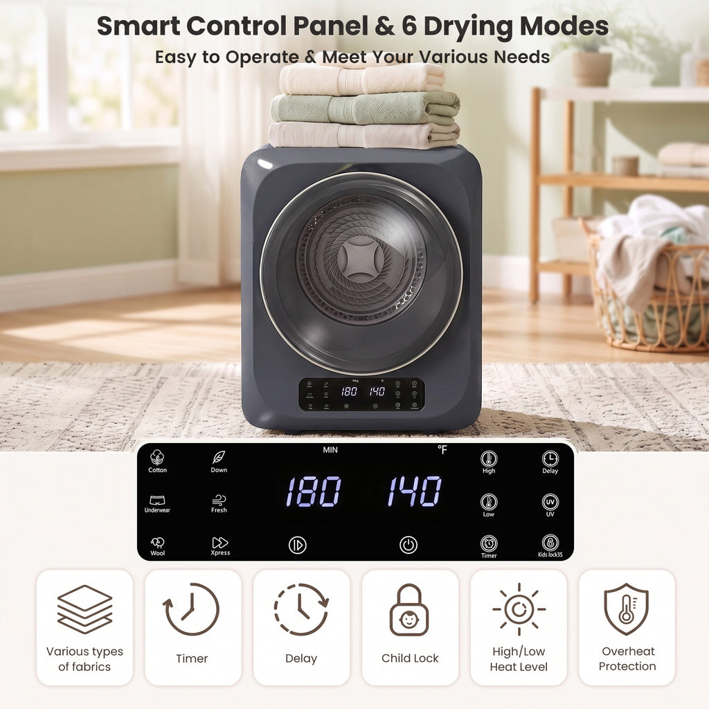Auertech 1.6 Cu.Ft 850W Portable Clothes Dryer Electric Compact Dryer Machine w/ Shoe Dryer LED Control Gray