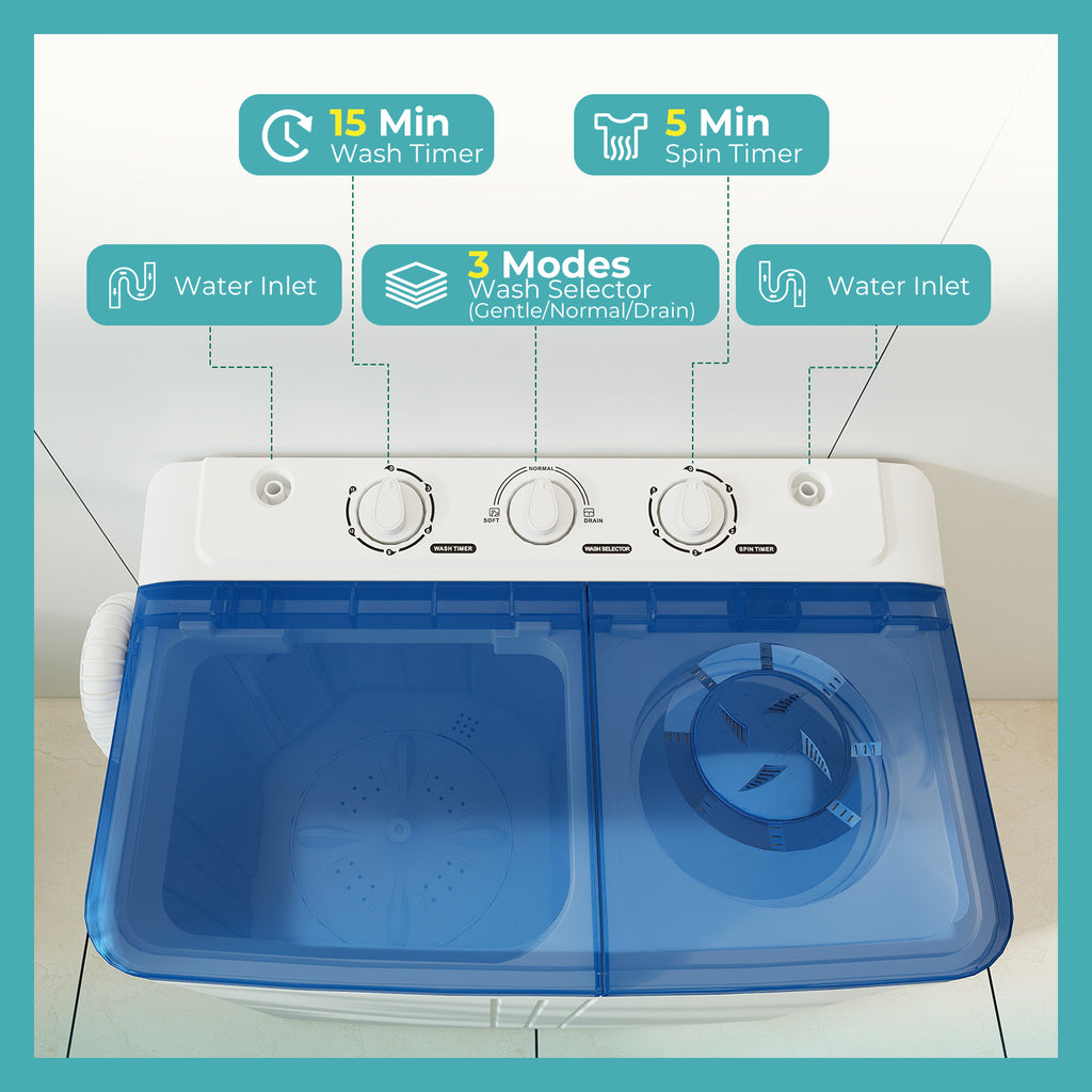 Auertech 21lbs Portable Washing Machine Compact Twin Tub Semi-Automatic Washer with Drain Pump