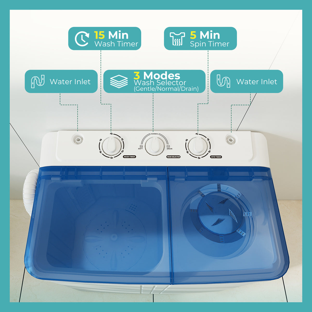 Auertech 21lbs Portable Washing Machine Compact Twin Tub Semi-Automatic Washer with Drain Pump